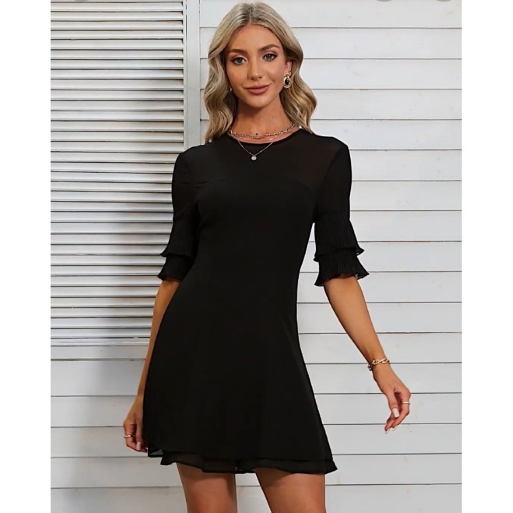 NWT JJsHouse Round Neck 1/2 Sleeves A-Line Chiffon Mini Black Dress Size L 🌸